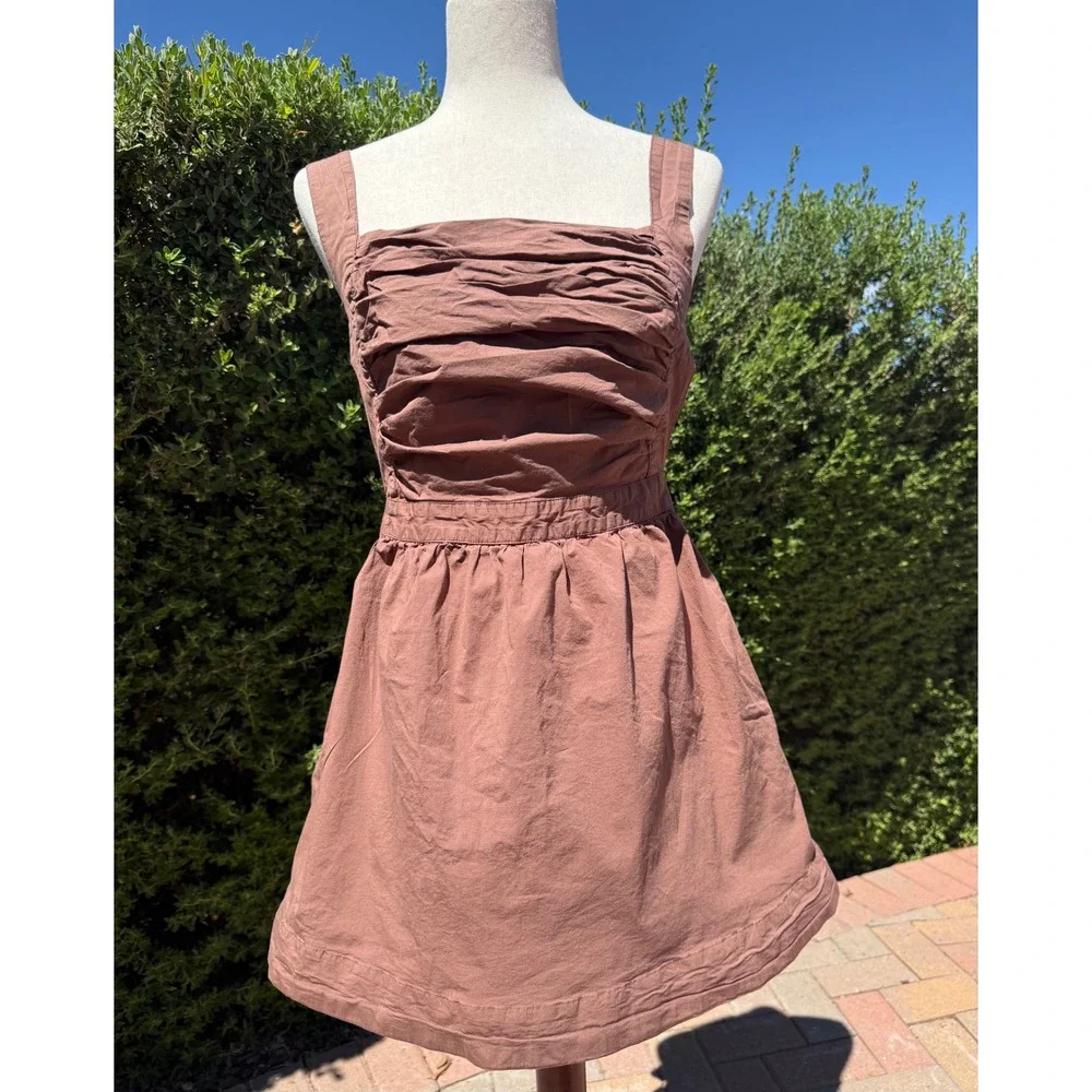Free People Meet Me In Maui Mini Dress Brown Size M Tie Back Sleeveless Cotton